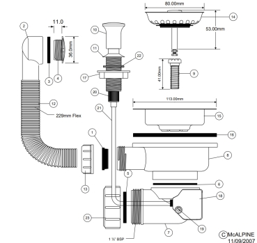 Preview: Spülenventil m. Bowdenzug und Überlauf Ø114mm, 6/4", Druck-Zug-Funktion